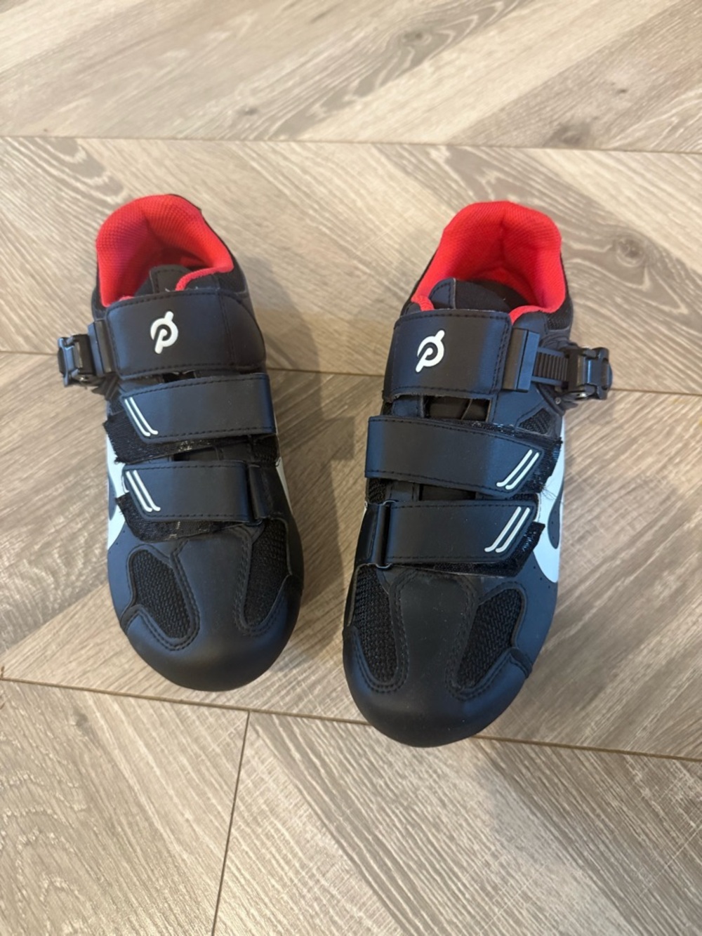 Peloton Black Cycling Shoes with Red Liner and White Accents
